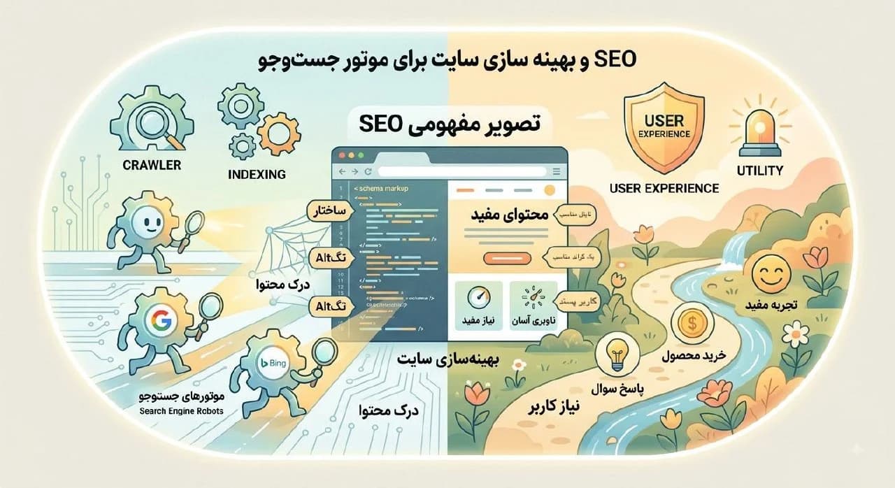 تصویر مفهومی SEO و بهینه سازی سایت برای موتورهای جستجو