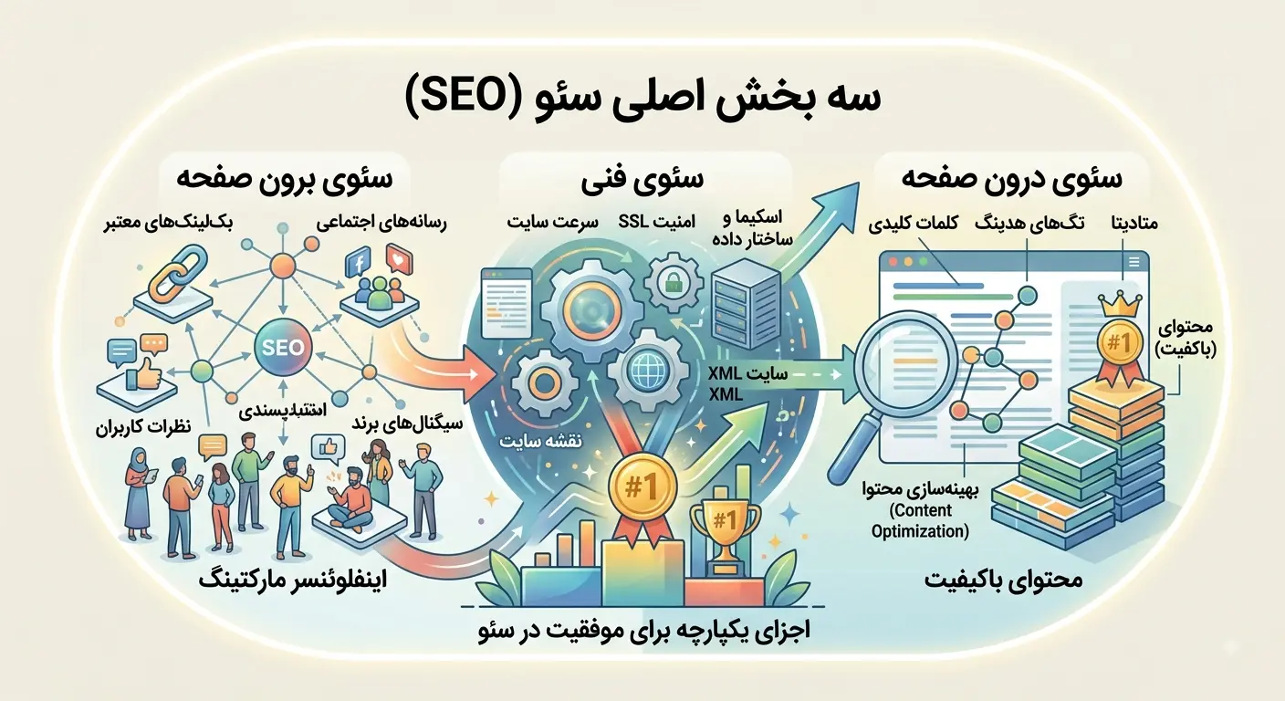 سه بخش اصلی سئو شامل On-Page SEO Technical SEO و Off-Page SEO