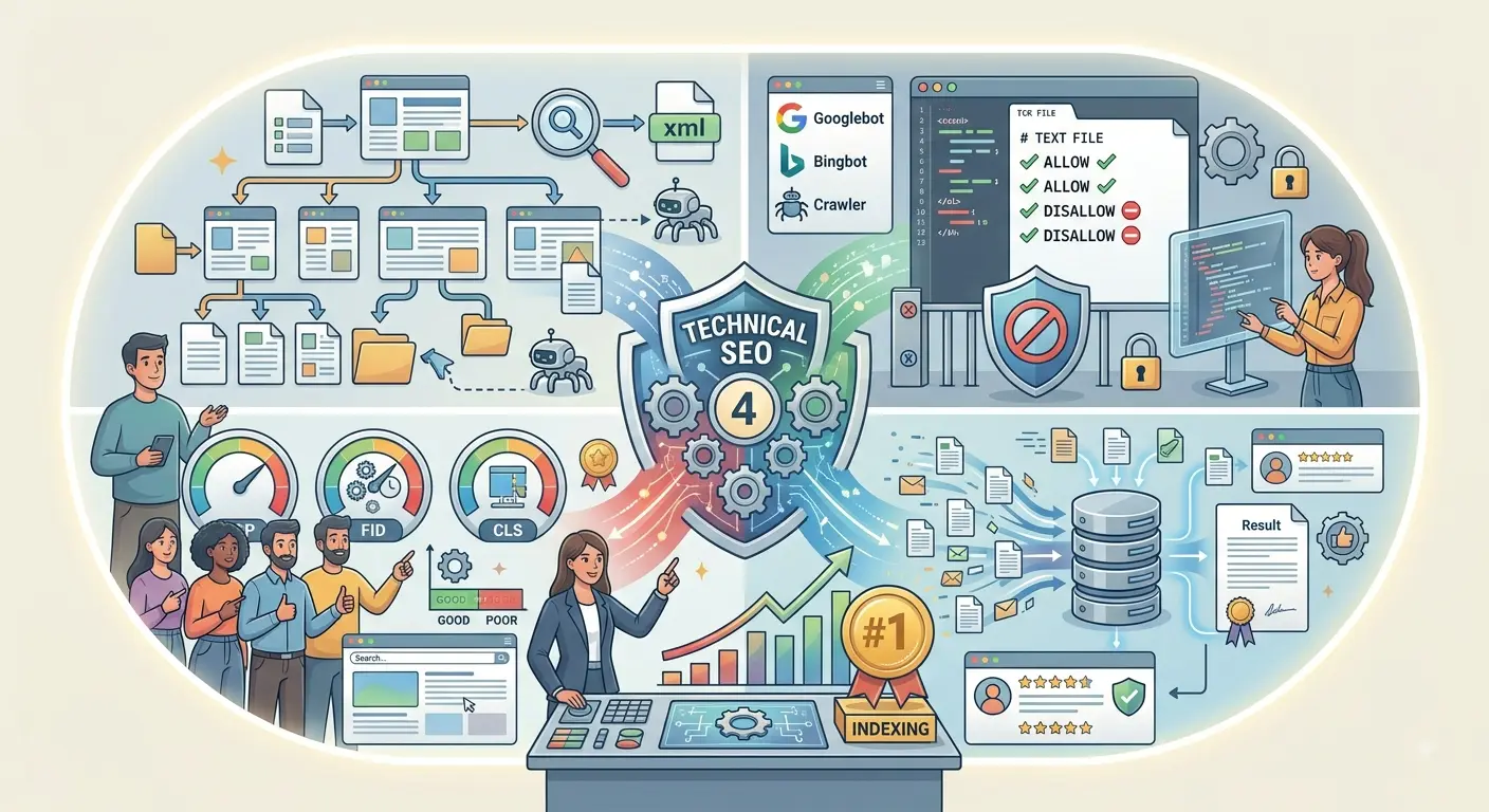 مفاهیم Technical SEO شامل Sitemap Robots.txt Core Web Vitals و Indexing